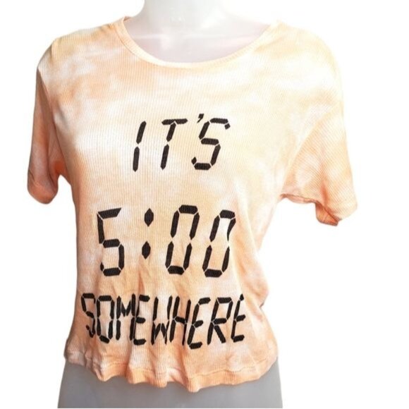 WILDFOX Womens T-Shirt SZ S It's 5 Somewhere Tie Dye Sherbet Crop Semi-Sheer - Picture 1 of 9